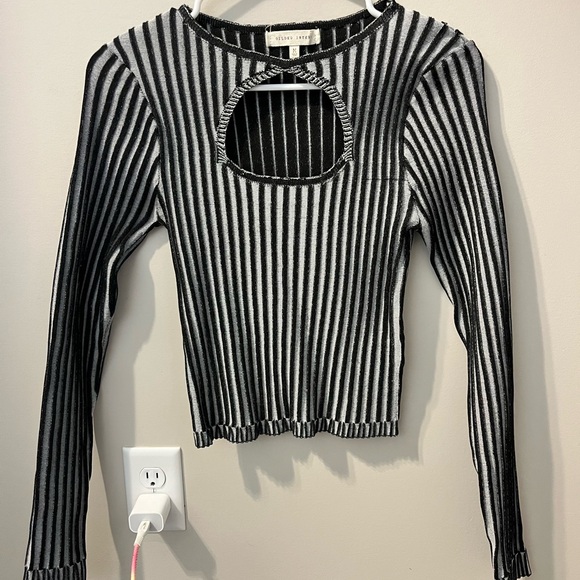 Gilded Intent Black and White Striped Cut-Out Blouse - Picture 1 of 5